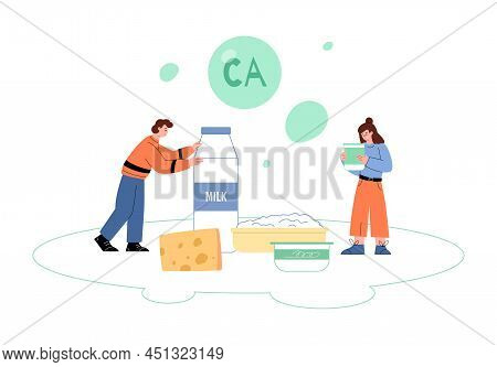 People With Products Enriched With Calcium, Flat Vector Illustration Isolated.