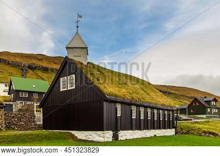 Kollafjordur, Faroe Islands, Denmark - 05 May 2018: View Of The Kollafjordur Church, Kirkja In Small
