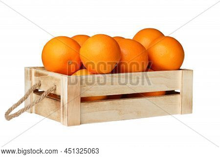 Wooden Box With Rope Handles Full Of Fresh Oranges Isolated On White