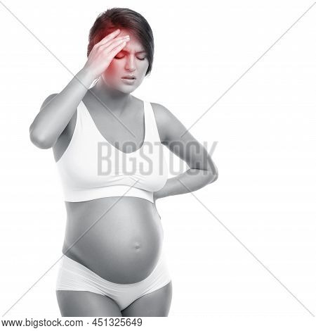 Young Pregnant Woman Has Painful Headache On White