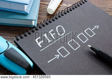 Fifo Or First In First Out Concept. Notepad With A Drawn Diagram On The Table.