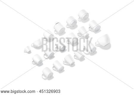 Blank White Ceramic Mug Mock Up Lying, Different Types, 3d Rendering. Empty Porcelain Tankard For Ca