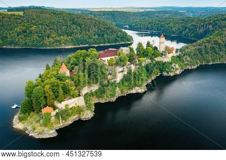 Panoramic View Of Zvikov Castle On The Hill With Trees Surrounded By River Vltava And Otava In South