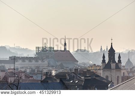 Central Part Of The Old Town Of Lviv, Cultural Tourism Center Of Ukraine, Europe. Ancient Downtown A