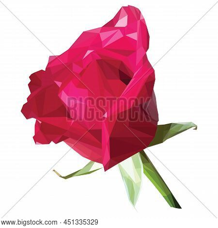 Low Poly Polygon Rose Pink Flower Isolated On Green Stem Romance. Vector Stock Illustration Isolated