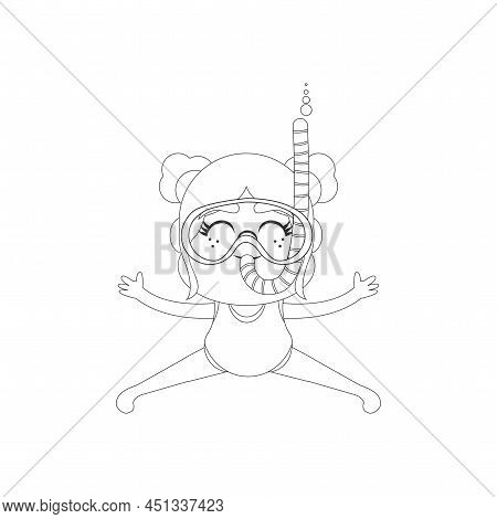 Isolated Girl Snorke Beach Draw Summer Kids Holiday Vector Illustration