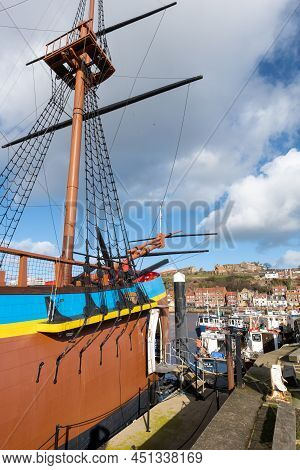 Whitby. North Yorkshire. United Kingdom. February 15th 2022.the Endeavour Boat At Endeavour Wharf In