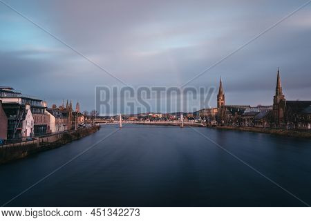 Beautiful Cityscape Of Morning City And River With Rainbow. River Ness, Inverness, Scotland