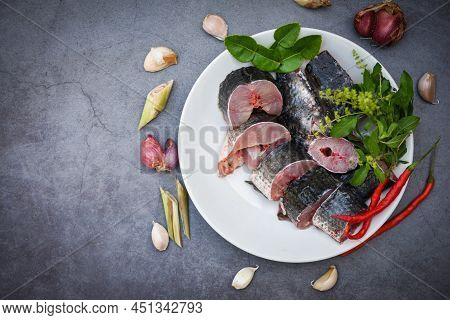 Snakehead Fish For Cooking Food, Striped Snakehead Fish Chopped With Ingredients Herb And Spices On 