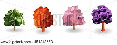 Flat Tree Polygon Icon Isolated Vector, Green, Orange, Pink And Purple Leaf Trees, Colorful Nature I