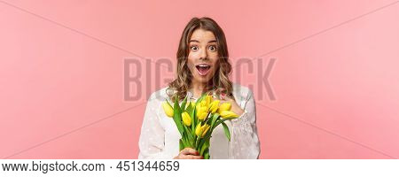 Spring, Happiness And Celebration Concept. Close-up Of Surprised And Wondered Young Blond Girl In Wh
