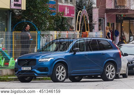Side; Turkey - March 03 2022:   Blue  Volvo Xc90    Is Parked  On The Street On A Warm  Day