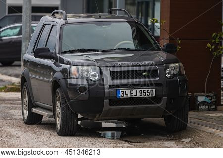 Side; Turkey - March 03 2022:   Black Land Rover Freelander 2 Parked In The Old Tourist City, Front 