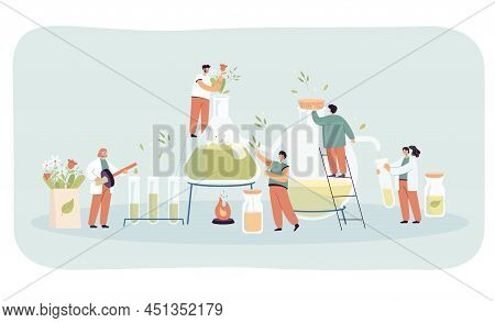 Tiny People Making Essential Oils Flat Vector Illustration. Laboratory Workers Mixing Herbs And Ingr