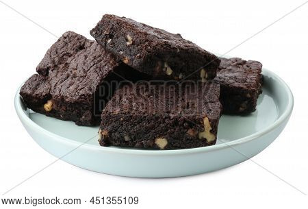 Delicious Chocolate Brownies With Nuts On White Background