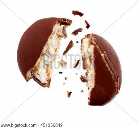 Broken Delicious Choco Pie On White Background