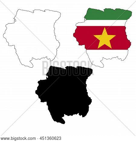 Maps Of Suriname On White Background. South America State. Surinam National Flag In A Shape Of Count
