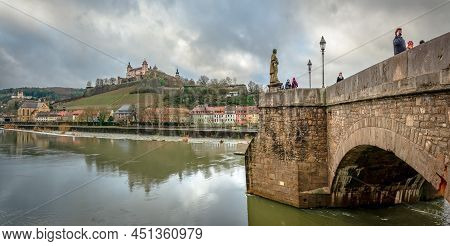 Wurzburg, Germany - December 23 2017: Panoramic View Of The Western Bank Of The River Main That Cros
