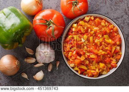 Delicious Summer Sofrito Sauce From Peppers, Tomatoes, Garlic And Onions Close-up In A Plate On The 
