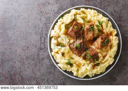 Greek Sofrito Traditional Beef Dish With Mashed Potatoes From Corfu With Mashed Potatoes Closeup In 