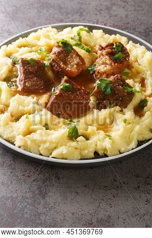 Traditional Greek Veal Sofrito Straight From The Island Of Corfu Served With Mashed Potatoes Closeup
