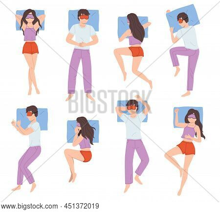 People Sleep Poses. Men And Women In Different Sleeping Positions, Girls And Boys In Pajamas Lying, 