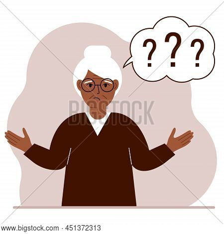 Illustration Of A Old Woman Who Is Confused, Questioning. Want To Find Answers. People Around The Qu