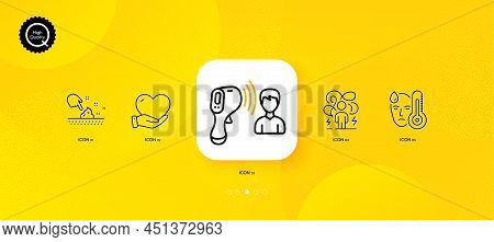Skin Moisture, Fever And Electronic Thermometer Minimal Line Icons. Yellow Abstract Background. Diff