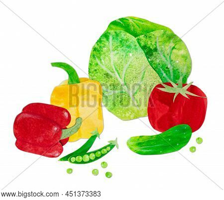 Hand-drawn Watercolor Vegetable Salad Composition. Fresh Ingredients Such As Tomato, Cucumber, Cabba