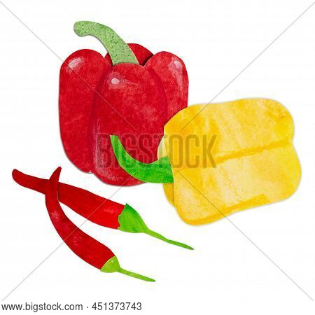 Hand-drawn Watercolor Yellow Red Chili Pepper Composition. Bright Cute Kawaii Kidcore Style Illustra