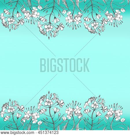 Hand Draw Seamless Pattern Flowers In Vintage Style. Flowers, Leaves And Herbs. Botanical Illustrati
