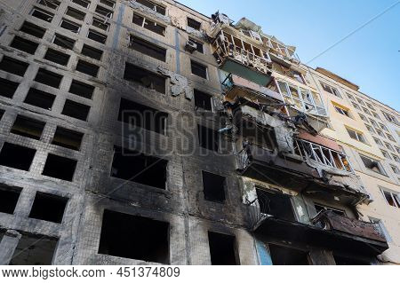 2022 Russian Invasion Of Ukraine Bombed Building Destroyed Ukraine Russian Fired. Rocket Bomb Attack