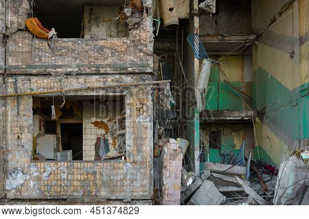 2022 Russian Invasion Of Ukraine Bombed Building Destroyed Ukraine Russian Fired. Rocket Bomb Attack