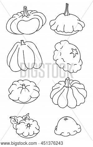 Set Of Vegetables. Pumpkin And Pattison. Vector Illustration. Isolated Linear Hand Drawing, Outline 