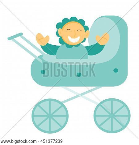 Blue Stroller With A Smiling Baby. Boy In A Stroller