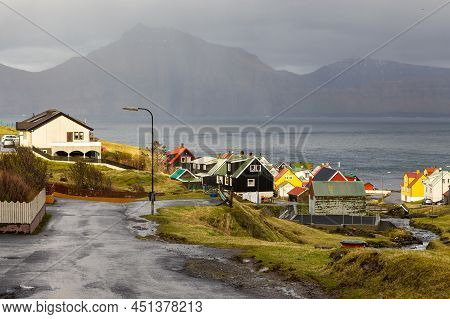 Gjogv, Faroe Islands, Denmark - 05 May 2018: Small Village Gjogv Situated On The Slope Of The Mounta