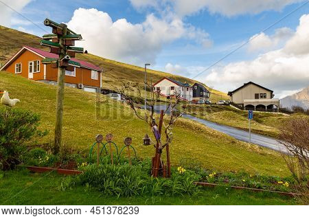 Gjogv, Faroe Islands, Denmark - 05 May 2018: Small Village Gjogv Situated On The Slope Of The Mounta
