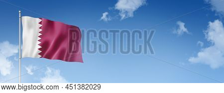 Qatar Flag, Three Dimensional Render, Isolated On A Blue Sky. Horizontal Banner. 3d Illustration