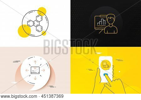 Minimal Set Of Cardboard Box, Food Delivery And Chemical Formula Line Icons. Phone Screen, Quote Ban