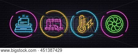 Electricity Power, Scroll Down And Typewriter Minimal Line Icons. Neon Laser 3d Lights. Fan Engine I