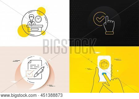 Minimal Set Of Checkbox, Boiling Pan And Presentation Time Line Icons. Phone Screen, Quote Banners. 