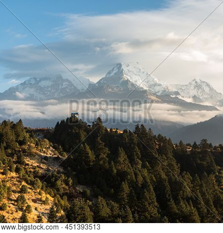 View Of Annapurna Mountain Range From Poon Hill On Sunrise. Its The Famous View Point In Gorepani Vi