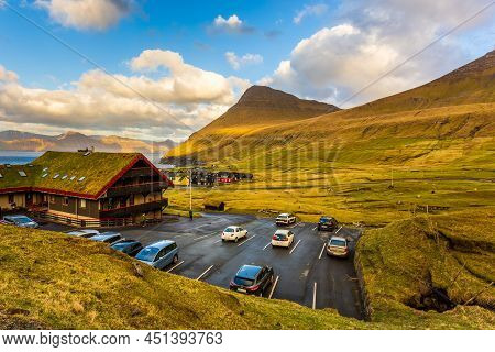 Gjogv, Faroe Islands, Denmark - 05 May 2018: Small Village Gjogv Situated On The Slope Of The Mounta