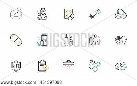 Medical Drugs Line Icons. Healthcare, Prescription And Pill Signs. Pharmacy Drugs, Recipe Pill Icons