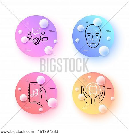 Music App, Face Biometrics And Teamwork Minimal Line Icons. 3d Spheres Or Balls Buttons. Organic Tes