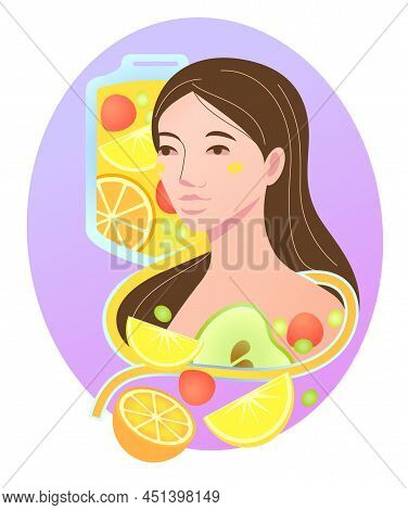 Iv Therapy Concept. Girl Character Applying Intravenous Infusion Vitamins Dripping, Various Natural 