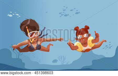 Happy Boy And Giel Scuba Divers Exploring Sea Depth And Fishes. Underwater Swiming Vector Illustrati