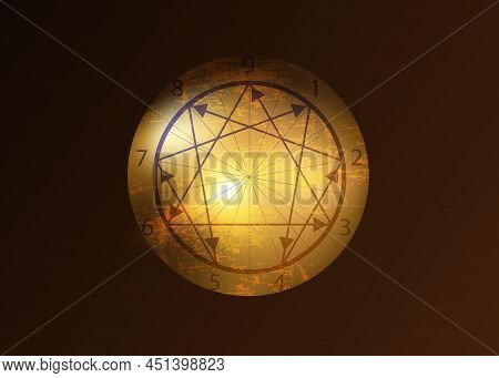 The Nine Enneagram Icon, Sacred Geometry, Old Vintage Vector Illustration Isolated On Black Backgrou