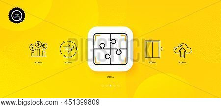 Lift, Currency Rate And Puzzle Minimal Line Icons. Yellow Abstract Background. Cloud Upload, Wind En
