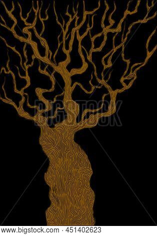Oak Tree Brown Trunk, Isolated On Black Background. Surreal Stylish Card. Decorative Tree Vector Han